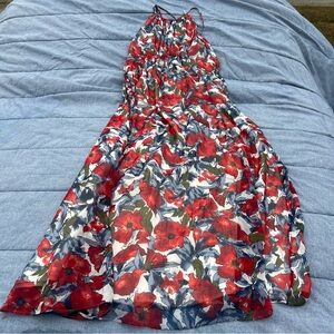 A Pea in the Pod Red/White/Cobalt Poppy Print Maxi Maternity Dress Size Medium